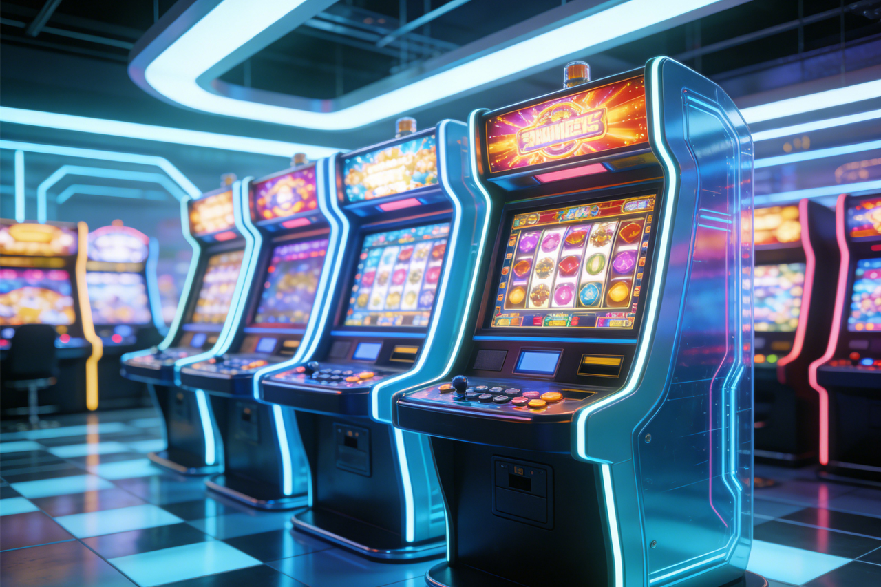 about-us Bright casino slot machines with colorful displays and no people present.